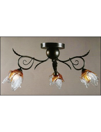MR DESIGN: Plafoniera anticata 3 luci con fiore vetro soffiato ambra e trasparente 50cm in offerta