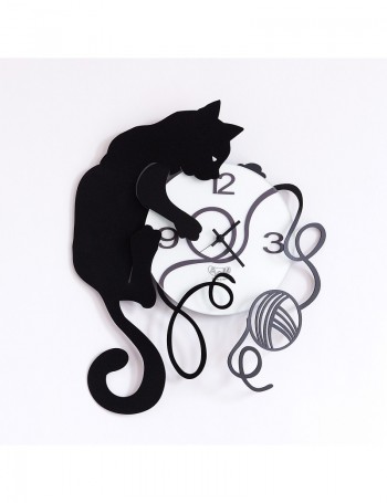 ARTI e MESTIERI: Orologio da parete design gatto gomitolo nero bianco in offerta