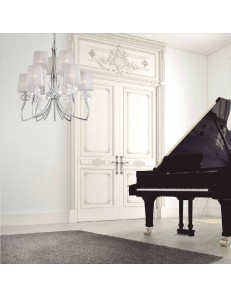 Loewe lampadario stilizzato 9 bracci paralumi bianchi