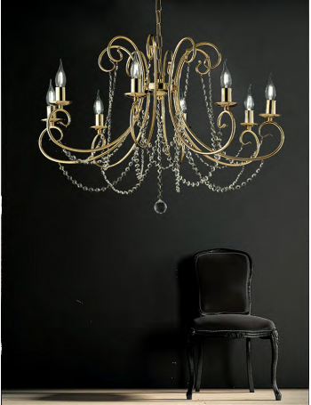 Magda lampadario Ø 74 stilizzato dorato con catene di cristallo 8 luci