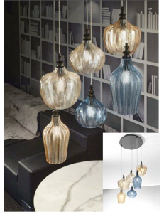 Cleofe lampadario soggiorno pendenti vetro ocra cobalto e ambra a grappolo