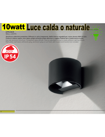 Applique LED biemissione alette regolabili 10w 3000k 4000k ip54 nero GES873c Ges873n 
