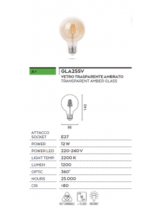 Lampadina E27 led 12 w globo vetro ambra vintage luce calda 2200k 2