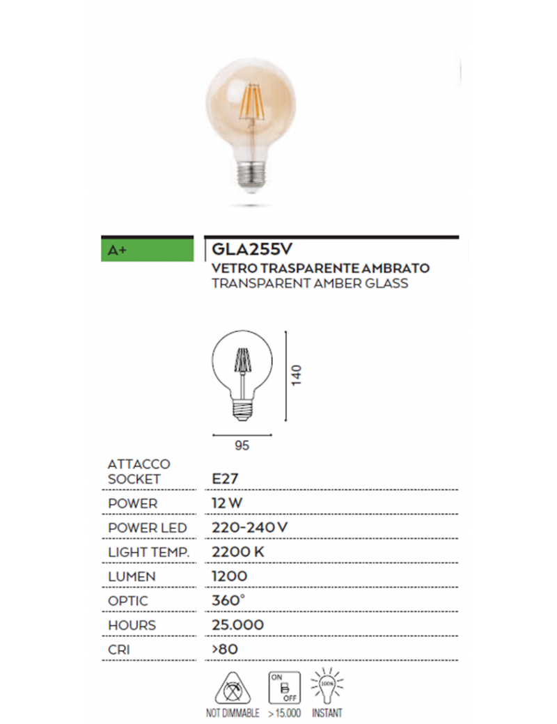 Lampadina LED GLA255V E27 12W luce calda 2200K GEALED