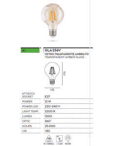 Lampadina E27 led 12 w globo max vetro ambra vintage luce calda 2200k 2