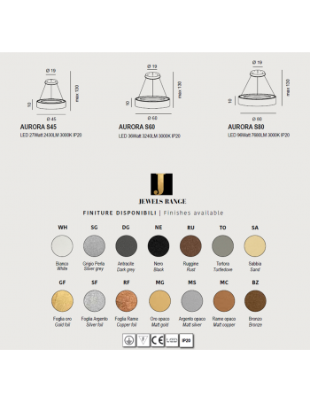 AURORA lampadario LED 96watt rotonda anello vari colori Ø80 7680 lumen 3000k