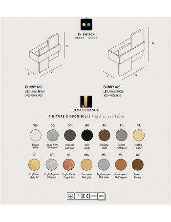 BUNNY A23 Applique LED in metallo foglia oro 20watt 1600 lumen 3000k 4000K