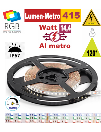 Stricia LED 14,4w RGB bobina 5mt dimmerabile IP67 adesiva flessibile 60 led metro