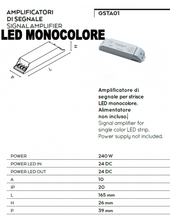 Amplificatore 240w di segnale per strisce led monocolore 24v