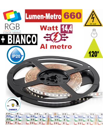 Striscia LED 14,4w RGB + BIANCO bobina 5mt dimmerabile IP20 adesiva flessibile 60 led metro