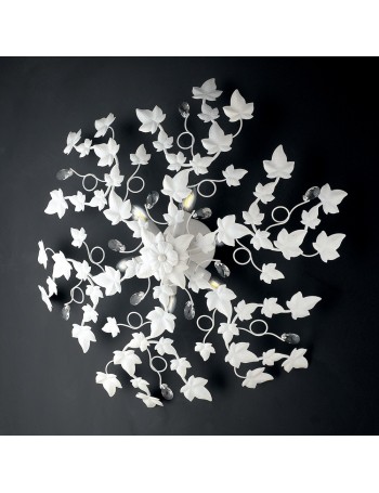 Edera plafoniera in ferro laccato bianco con decorazione shabby e strass in cristallo 6 luci 