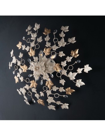 Edera plafoniera in ferro laccato avorio con decorazione oro chiaro e strass in cristallo 6 luci 