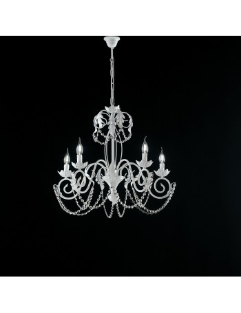 Damasco lampadario in ferro laccato bianco con decorazione shabby e strass in cristallo 5 luci 