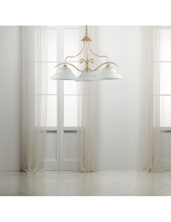 Atene lampadario in ferro laccato avorio con decorazione oro chiaro e vetri bianchi 3 luci 