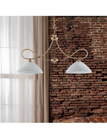 Dallas lampadario cucina in metallo laccato avorio con decorazione decapè e vetri alabastro bianchi 2 luci