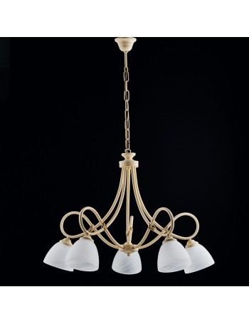 Dallas lampadario da camera in ferro laccato avorio con decorazione decapè e vetri alabastro bianchi 5 luci