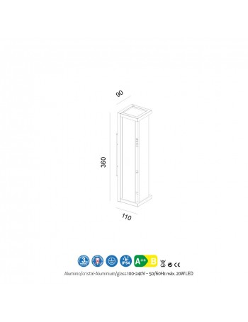 Meribel small applique IP54 doppia luce E27 alluminio vetro rettangolare esterno