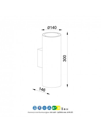 Volcano applique biemissione grafite IP54 GU10 alluminio vetro cilindro esterno