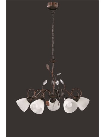 Traditio lampadario 5 luci metallo ruggine antico Vetri bianchi con gemme trasparenti d.70  Shabby Chic E14