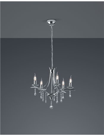 Lucerna lampadario 5 luci metallo cromato e pendagli trasparenti d. 51cm Moderno E14