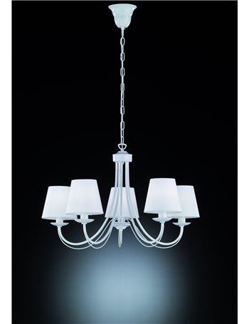 Cortez lampadario 5 luci metallo bianco opaco con paralumi stoffa bianca d. 65 Shabby Chic E14