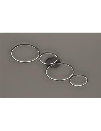 Rondo plafoniera led 4 cerchi metallo nero opaco con variazione intensita' con interruttore a parete l. 97cm Moderno LED