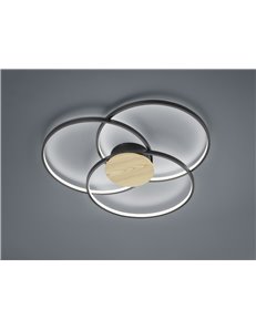 Sedona plafoniera led 3 cerchi nera con inserto effetto legno con regolazione intensita' con interruttore d.90cm Moderno LED