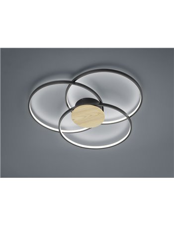 Sedona plafoniera led 3 cerchi nera con inserto effetto legno con regolazione intensita' con interruttore d.90cm Moderno LED