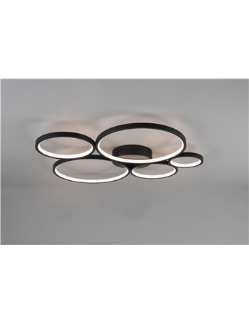 Rondo plafoniera led 5 cerchi metallo nero opaco con variazione intensita' con interruttore a parete l. 59cm Moderno LED