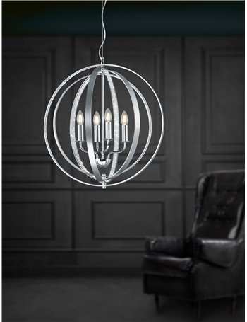 Candela sospensione 4 cerchi metallo alluminio satinato orientabili con interno decoro cristalli d. 56cm, h.150cm Moderno E14