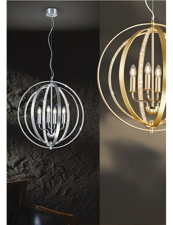 Candela sospensione 4 cerchi metallo oro satinato orientabili con interno decoro cristalli d. 56cm, h.150cm Moderno E14