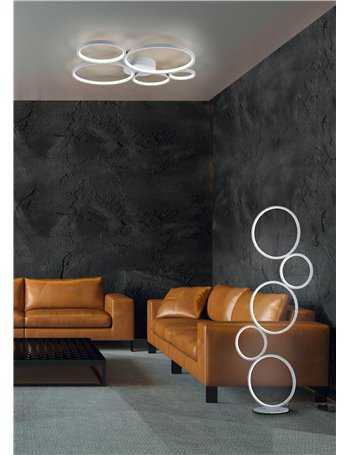 Rondo plafoniera led 5 cerchi metallo bianco opaco con variazione intensita' con interruttore a parete l. 59cm Moderno LED