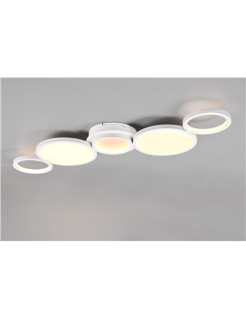 Salsa plafoniera led 5 cerchi bianchi con regolazione luce calda - naturale e dimmerazione con interruttore a parete l. 114cm Mo
