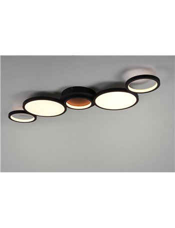 Salsa plafoniera led 5 cerchi neri con regolazione luce calda - naturale e dimmerazione con interruttore a parete l. 114cm Moder