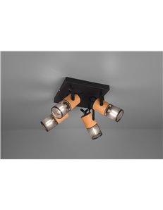 Tosh plafoniera 4 spots cilindri gabbia metallo nero opaco e legno l. 30cm x 30cm Moderno LED