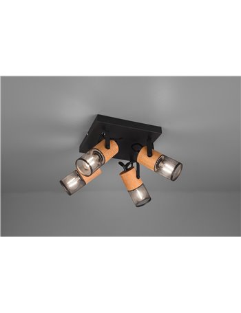 Tosh plafoniera 4 spots cilindri gabbia metallo nero opaco e legno l. 30cm x 30cm Moderno LED