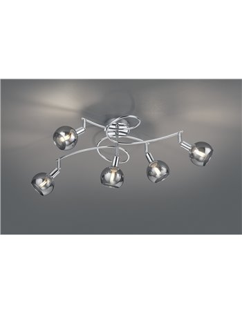Brest plafoniera 5 spots metallo cromo con vetri fume' l. 65,5x42cm Moderno E14