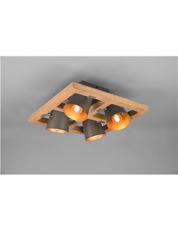 Bell plafoniera quadrata legno naturale 4 spots orientabili diffusori metallo acciaio anticato interno oro 39x39cm Moderno E14