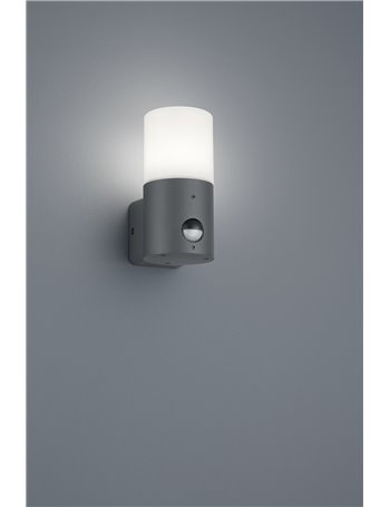 Hoosic applique led cilindro antracite e diffusore bianco con sensore di movimento h.17 cm Moderno E27