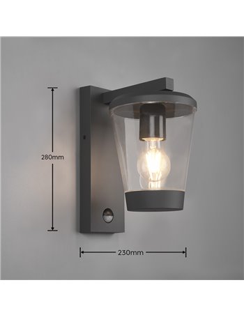 Cavado applique da esterno antracite con diffusore trasparente ip44 con sensore movimento h. 28cm Moderno E27