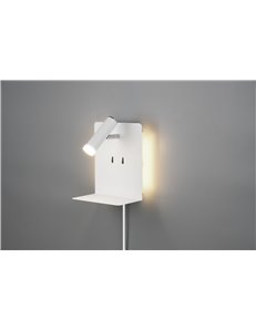 Element applique led metallo bianco retro illuminata con spot con mensola e porta usb ricarica smartphone h.20cm Moderno LED 2