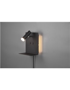 Element applique led metallo nero retro illuminata con spot con mensola e porta usb ricarica smartphone h.20cm Moderno LED 2