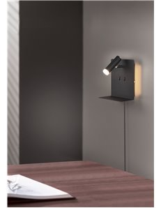 Element applique led metallo nero retro illuminata con spot con mensola e porta usb ricarica smartphone h.20cm Moderno LED