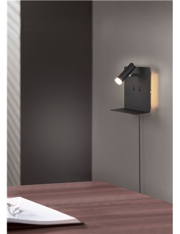 Element applique led metallo nero retro illuminata con spot con mensola e porta usb ricarica smartphone h.20cm Moderno LED