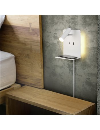 Element applique led metallo bianco retro illuminata con spot con mensola e porta usb ricarica smartphone h.20cm Moderno LED