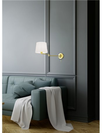 Lyon applique doppio snodo ottone satinato con paralume bianco l. 68,5cm, d.25,5cm Moderno E27