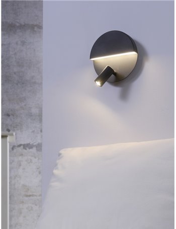Mario applique tonda led doppia emissione con faretto orientabile nero opaco con interruttore e doppia accensione d. 16cm Modern