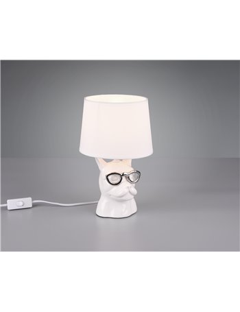 Dosy lampada tavolo ceramica bianca bulldog con occhiali h. 29cm Moderno E14
