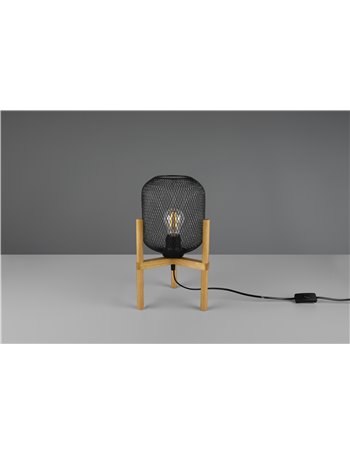 Calimero lampada da tavolo diffusore rete metallo nero con struttura in legno naturale h. 38,5cm Vintage E27