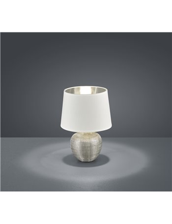 Luxor lampada tavolo base ceramica argento e paralume bianco interno argento h. 26cm d. 18cm Moderno E14